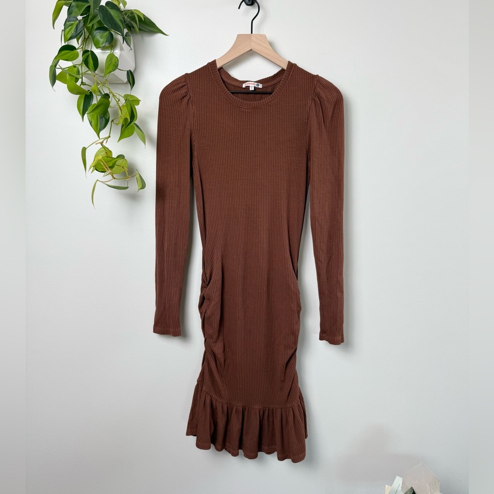 Sundry Anthropologie Ruched Ruffle Dress Brown Long Sleeve Ribbed Bodycon 2